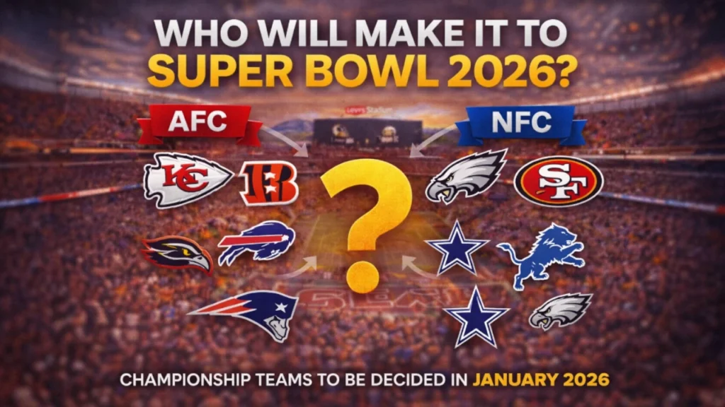 Graphic showing AFC and NFC teams with a question mark, highlighting the uncertainty around who will make it to Super Bowl 2026
