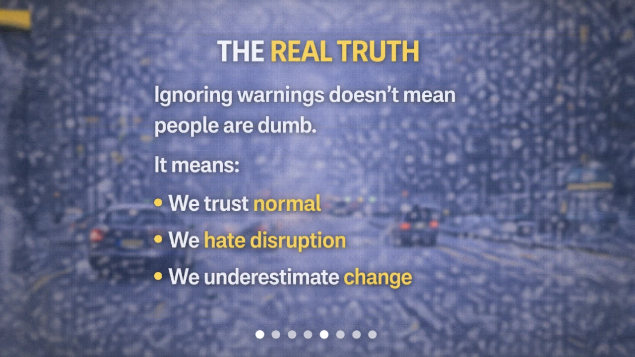 Text-based visual explaining normalcy bias and resistance to change against a winter city backdrop