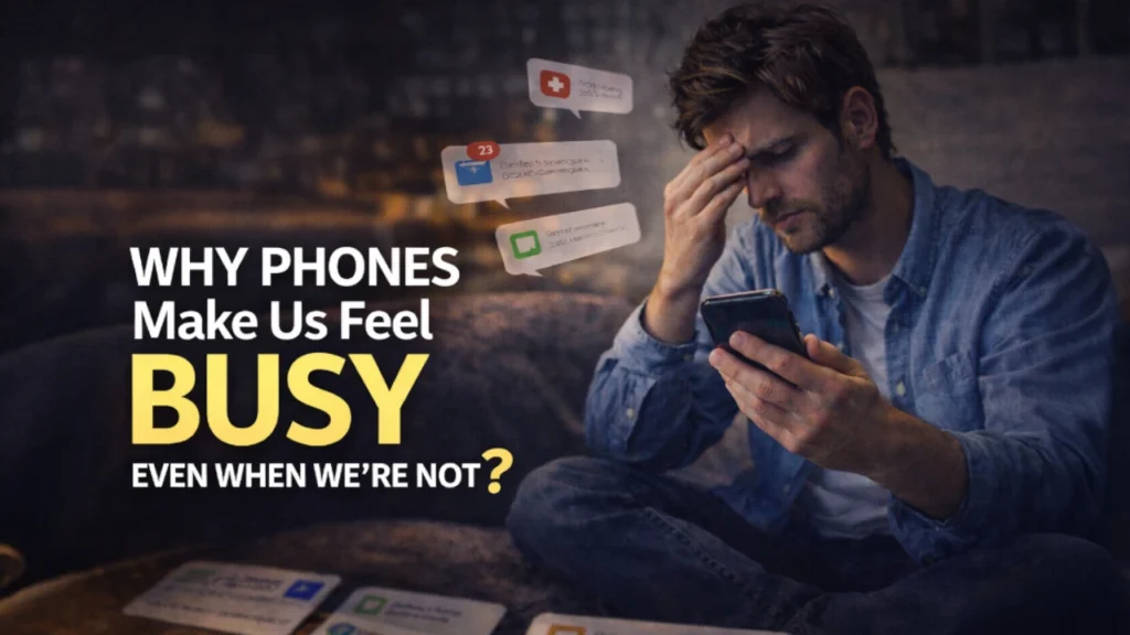 Person holding a smartphone surrounded by notification prompts, illustrating how phone use can create a feeling of being busy even during downtime