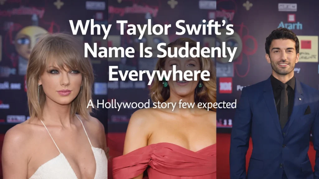 Taylor Swift, Blake Lively, and Justin Baldoni appearing at separate public events, shown together in a composite image highlighting a recent Hollywood legal controversy