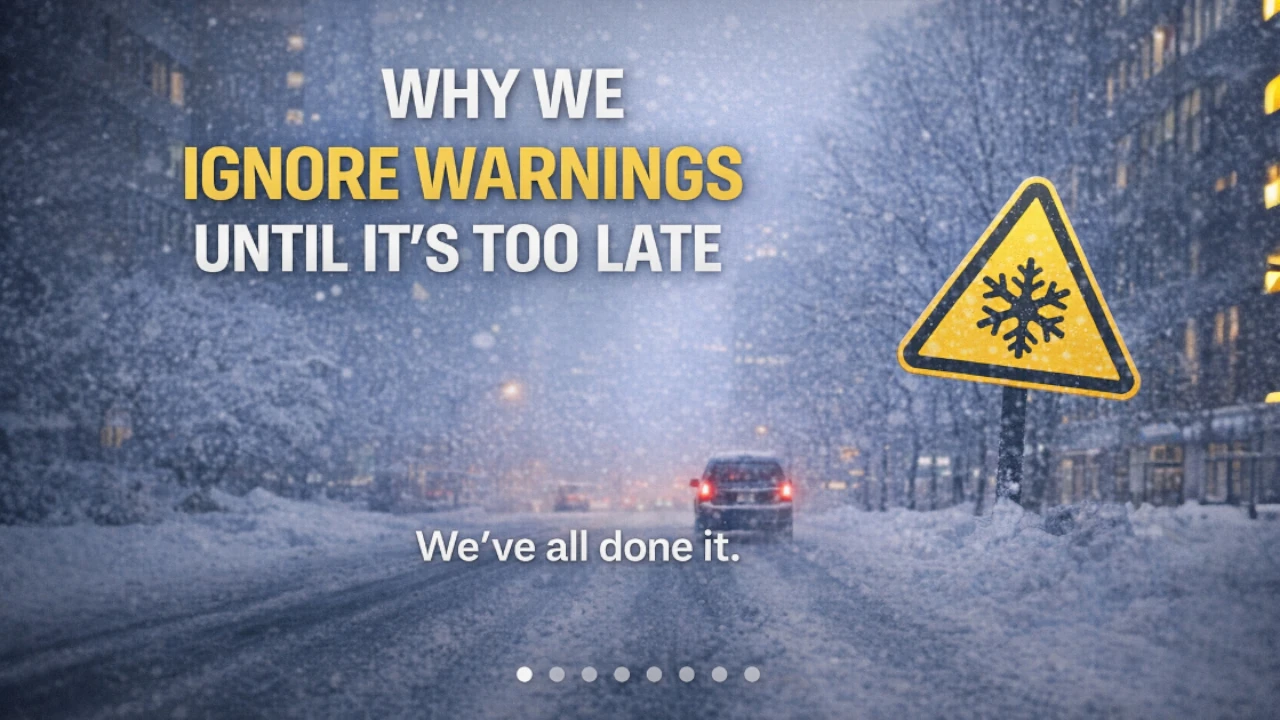 Moody city scene with warning-style text introducing why people often ignore early alerts