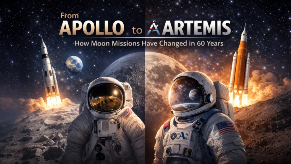 Featured illustration by TrendMowgli showing the evolution from Apollo to Artemis lunar missions, highlighting how human spaceflight has changed over 60 years