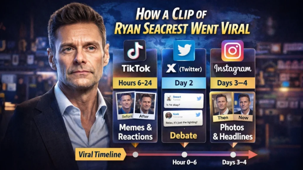 Visual timeline showing how a Ryan Seacrest TV clip went viral across TikTok, X, and Instagram, turning online memes into mainstream headlines — TrendMowgli