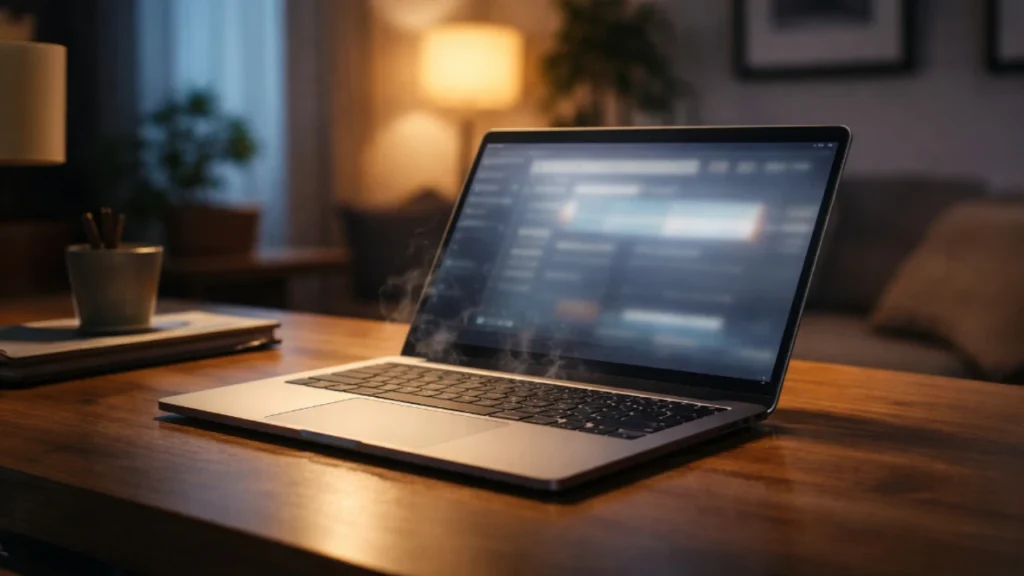 Laptop running slowly on a desk, illustrating intentional performance slowdown for system protection