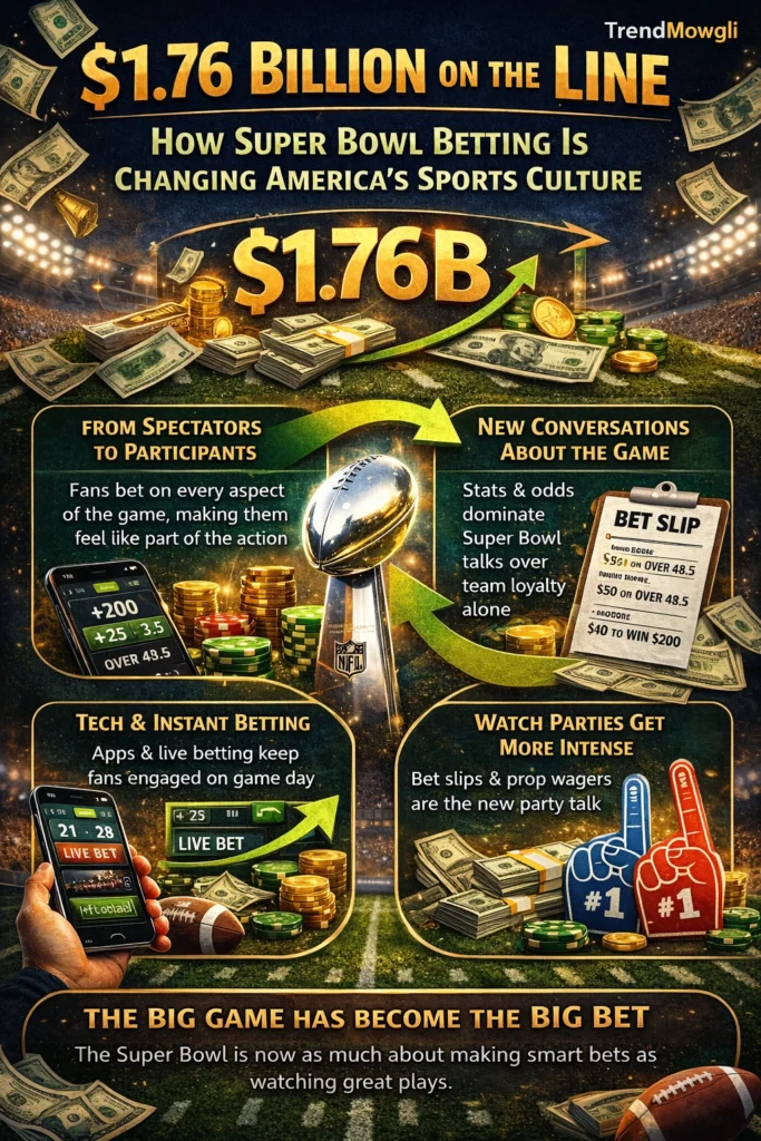 Infographic showing how $1.76 billion in Super Bowl betting is changing American sports culture and fan behavior – TrendMowgli