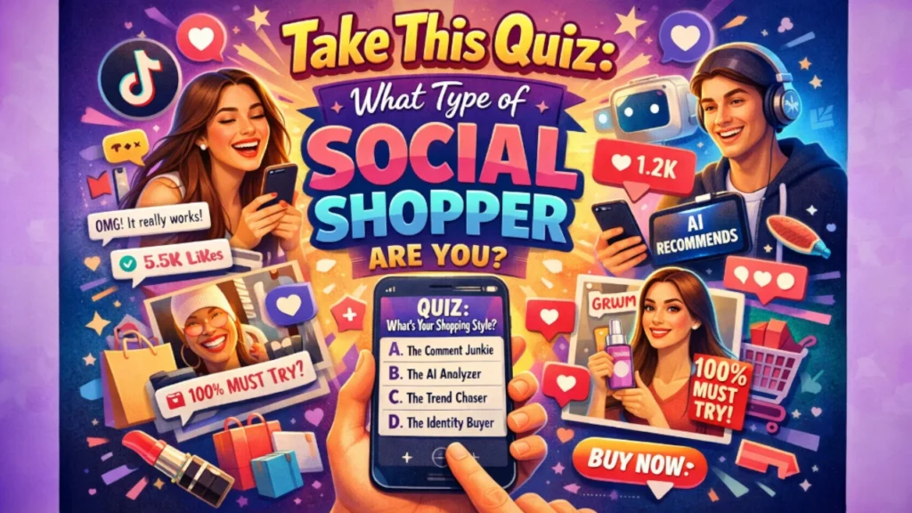 Illustration showing people shopping through social media and AI recommendations, representing different social shopper personalities in TrendMowgli’s quiz on modern online shopping behavior