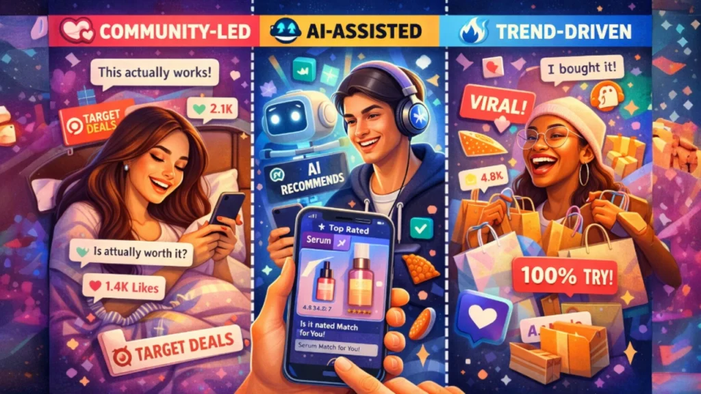 Illustration showing community-led, AI-assisted, and trend-driven social shopper types, explaining how people discover and buy products online today, by TrendMowgli