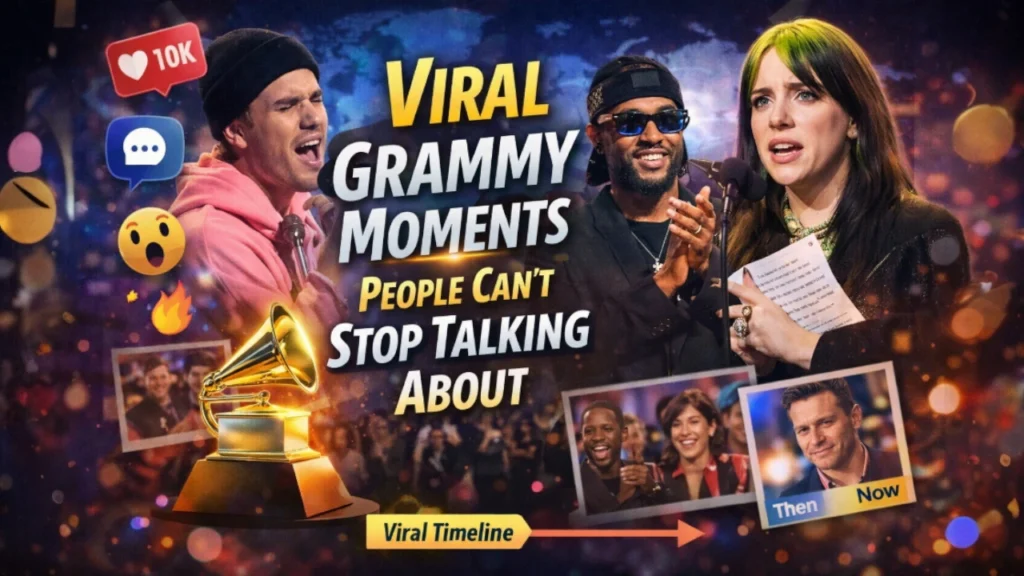 Collage of viral Grammy Awards moments highlighting performances, speeches, and reactions that dominated social media conversations worldwide — TrendMowgli