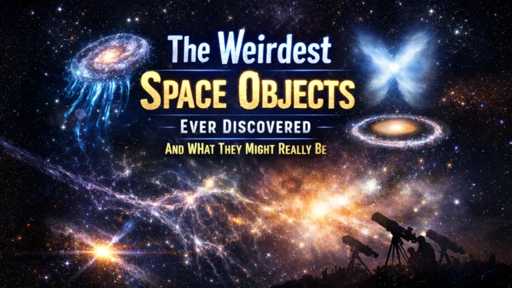 Featured illustration showing strange cosmic phenomena including jellyfish galaxies, nebulae, and unexplained structures in deep space