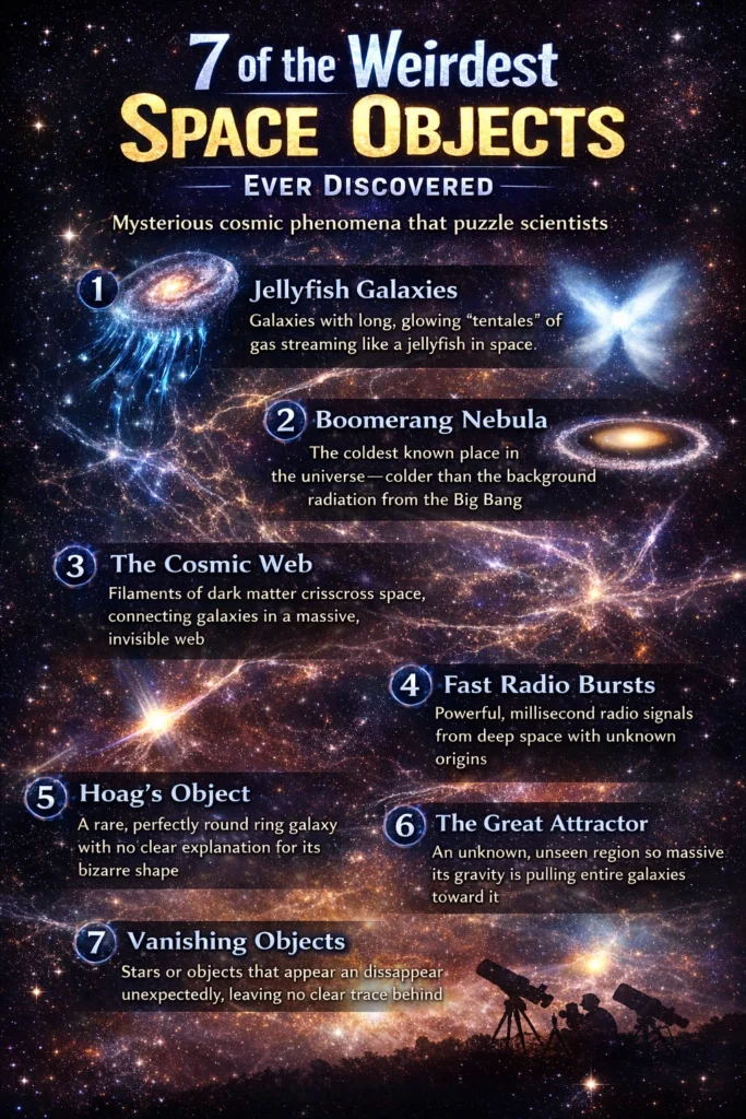 Infographic showing the weirdest space objects ever discovered, including jellyfish galaxies, the Boomerang Nebula, Hoag’s Object, fast radio bursts, and invisible cosmic structures